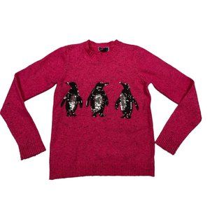 Karen Scott Womens XS Hot Pink Sequin Penguin Crew Neck Sweater Acryllic Holiday